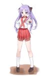  1girl absurdres angry full_body hand_on_own_hip highres hiiragi_kagami loafers looking_at_viewer lucky_star mingo0011 neckerchief open_mouth pink_neckerchief pink_skirt pleated_skirt pointing pointing_at_viewer purple_eyes purple_hair ryouou_school_uniform sailor_collar school_uniform serafuku shoes skirt socks twintails white_background white_socks winter_uniform 