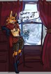 5_fingers anthro biped bottomwear breasts canid canine clothed clothing curtains english_text female fingers fur holding_object inner_ear_fluff jam_(artist) mammal maned_wolf plant shorts snow solo speech_bubble text tree tuft window