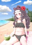  1girl absurdres alternate_costume alternate_hairstyle beach bendy_straw bikini black_hair black_nails cloud cloudy_sky coconut drinking_straw eyewear_on_head facial_mark fire_emblem fire_emblem_fates flower hair_flower hair_ornament highres long_hair nail_polish nyx_(fire_emblem) outdoors red_eyes sky solo swimsuit zawazawapokeka 