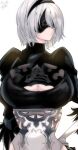  1girl 2b_(nier:automata) absurdres black_blindfold black_hairband black_shirt blindfold breasts cleavage cleavage_cutout clothing_cutout facing_to_the_side grey_hair hairband hand_on_own_hip highres huge_breasts kinakomochi_(user_vedc2333) leotard nier:automata nier_(series) shirt short_hair simple_background white_background white_leotard 