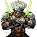  1boy alien anand_ramcheron artist_name belt close-up colored_skin commentary dual_wielding energy_sword english_commentary gloves green_lightsaber highres holding lightsaber red_belt shoulder_pads simple_background solo sword teeth tekken tekken_8 weapon white_background white_eyes white_gloves white_skin yoshimitsu_(namco) 