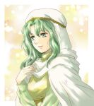  1girl breasts cape dress fire_emblem fire_emblem:_thracia_776 green_eyes green_hair hand_on_own_chest hood large_breasts long_hair looking_to_the_side parted_lips safy_(fire_emblem) solo usachu_now white_cape yellow_dress 