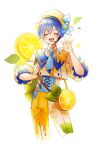  &gt;_&lt; 1boy :d bag blue_hair blush buttons closed_eyes commentary cropped_legs dripping food frilled_sleeves frills fruit fruit_hat_ornament hand_up handbag hat headphones highres holding holding_strap kaito_(vocaloid) lemon lemon_slice long_sleeves necktie omochi. pants puffy_sleeves shirt simple_background smile vocaloid waving white_background yellow_shirt yellow_theme 