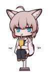  1girl animal_ear_fluff animal_ears arknights bendy_straw black_pantyhose blue_dress blue_eyes brown_hair chibi cup disposable_cup dress drinking_straw fox_ears full_body hair_between_eyes holding holding_cup jacket looking_at_viewer lxjun_09 motion_lines open_clothes open_jacket pantyhose simple_background sitting solo stool sussurro_(arknights) white_background white_jacket 