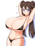  1girl armpits arms_behind_head arms_up bare_arms bikini black_bikini blue_eyes blush breasts bright_pupils brown_hair cleavage cowboy_shot double_bun from_side groin hair_between_eyes hair_bun highres huge_breasts long_hair looking_at_viewer looking_to_the_side navel pokemon pokemon_bw2 rosa_(pokemon) shiny_skin simple_background skindentation smile solo straight_hair strap_gap string_bikini swimsuit todoshiroh twintails v-shaped_eyebrows white_background white_pupils 
