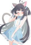  1girl ;3 ahoge animal_ear_fluff animal_ears bare_arms bare_shoulders black_hair blue_bow blue_skirt blue_thighhighs blush bow cat_ears cat_girl cat_tail closed_mouth collared_shirt frilled_skirt frills grey_eyes hair_bow hand_up heart heart_ahoge highres indie_virtual_youtuber long_hair looking_at_viewer multicolored_hair nekose_momoka one_eye_closed paw_pose ribbon shirt simple_background single_thighhigh skirt sleeveless sleeveless_shirt smile solo suspenders tail tail_raised thighhighs tofu1601 two_side_up very_long_hair white_background white_shirt 