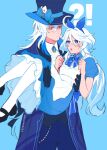  !? 1boy 1girl ahoge alice_in_wonderland alternate_costume apron artist_name ascot back_bow black_footwear blue_background blue_bow blue_bowtie blue_coat blue_dress blue_eyes blue_gemstone blue_gloves blue_hair blue_hairband blue_headwear blue_pants blue_ribbon blue_vest bow bow_hairband bowtie card carrying chain clenched_hands closed_mouth coat collared_coat collared_dress collared_shirt colored_inner_hair dress drop-shaped_pupils egosketchy furina_(genshin_impact) gem genshin_impact gloves gold_chain gold_trim hair_between_eyes hairband hands_up hat hat_bow heterochromia highres long_hair long_sleeves looking_at_another mismatched_pupils multicolored_hair neuvillette_(genshin_impact) open_clothes open_coat open_mouth pants pantyhose playing_card pointy_ears princess_carry puffy_short_sleeves puffy_sleeves purple_eyes ribbon shirt shoes short_sleeves sidelocks simple_background standing sweatdrop symbol-shaped_pupils top_hat vest white_apron white_ascot white_hair white_pantyhose white_shirt 
