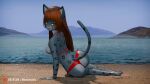 16:9 3d_(artwork) 4k absurd_res anthro beach bikini breasts clothing digital_media_(artwork) felid female hi_res mammal medium_breasts momo_(monarquis) monarquis pantherine pinup pose red_bikini red_clothing red_swimwear sand seaside snow_leopard solo swimwear wallpaper water widescreen