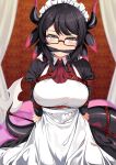  1girl apron arms_behind_back ascot bdsm black_dress black_hair bondage bound breasts cleave_gag cloth_gag commentary_request cowboy_shot dress gag gagged glasses green_eyes highres horns house_dragonmaid improvised_gag large_breasts long_sleeves looking_at_viewer red_ascot short_hair solo white_apron yasume_yukito yu-gi-oh! 