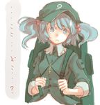  backpack bag blue_eyes blue_hair hat kawashiro_nitori key kuronuko_neero looking_at_viewer simple_background sleeves_rolled_up solo sweatdrop tears touhou two_side_up white_background 