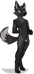 alpha_channel anthro balls biped black_body black_fur canid canine chastity_cage chastity_device dipstick_tail fox fur genitals jam_(artist) male mammal markings simple_background solo tail tail_markings transparent_background