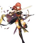  1girl black_footwear boots breasts cape celica_(fire_emblem) celica_(warrior_princess)_(fire_emblem) celica_(warrior_princess)_(resplendent)_(fire_emblem) clenched_teeth damaged feathers fire_emblem fire_emblem_echoes:_shadows_of_valentia fire_emblem_heroes highres medium_breasts medium_hair non-web_source official_alternate_costume official_art red_eyes red_hair shoulder_pads solo sword teeth thigh_boots torn_cape torn_clothes wavy_hair weapon yellow_cape 