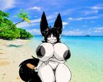 ambiguous_species anthro areola arm_under_breasts beach big_breasts bikini black_ears black_hair black_tail breasts canid canine choker clothing female food hair hi_res huge_breasts jewelry looking_at_viewer mammal necklace popsicle red_eyes solo super_pretendo swimwear tail thick_thighs white_body wide_hips