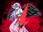  arm_cannon breasts covered_nipples dress empty_eyes fal_(falketto) fusion hair_ribbon hairband large_breasts long_hair purple_hair red_eyes reiuji_utsuho remilia_scarlet ribbon slit_pupils smile solo touhou weapon wings 