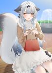  1girl animal_ear_fluff animal_ears azur_lane bag bandaged_head bandaged_leg bandages bench blue_sky blush brown_sweater fang fountain fox_ears fox_girl fox_tail frilled_skirt frills handbag hands_up highres konparu_uran long_hair long_sleeves looking_at_viewer miyuki_(azur_lane) miyuki_(clear_skies_and_crepes)_(azur_lane) official_alternate_costume open_mouth outdoors sitting skin_fang skirt sky smile solo sweater tail white_hair white_skirt yellow_eyes 