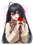  1girl :d azur_lane black_hair blush box brown_jacket casual gift hair_between_eyes hair_ribbon hands_up heart-shaped_box highres jacket long_hair looking_at_viewer red_eyes red_ribbon ribbon scarf smile solo taihou_(azur_lane) teeth twintails upper_body upper_teeth_only valentine very_long_hair winter_clothes yorugami_rei 