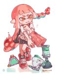  1girl artist_name autobomb_(splatoon) bike_shorts braid commentary cross-laced_footwear eyebrow_cut full_body gun highres holding holding_gun holding_weapon inkling_girl inkling_player_character long_hair open_mouth pointy_ears red_footwear red_hair shirt shoes simple_background single_braid solo splat_bomb_(splatoon) splatoon_(series) splattershot_jr_(splatoon) standing standing_on_one_leg suction_bomb_(splatoon) tears tentacle_hair thick_eyebrows torn_clothes torn_shirt twitter_username weapon white_background white_shirt yellow_eyes yksb_inc6 