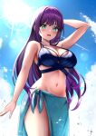  1girl arm_behind_head bikini bikini_top_only blue_bikini blue_sarong blue_sky blush breasts cloud green_eyes highres large_breasts link!_like!_love_live! long_hair love_live! navel open_mouth otomune_kozue purple_hair ryopa sarong sidelocks signature sky solo stomach summer sun swimsuit virtual_youtuber water 