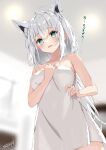  1girl @_@ ahoge animal_ears aqua_eyes blush breasts cleavage fox_ears fox_girl highres hololive long_hair looking_at_viewer medium_breasts naked_towel open_mouth shirakami_fubuki sirogami_0614 solo towel virtual_youtuber white_hair 