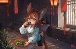  1girl ahoge animal_ear_fluff animal_ears bad_id bad_twitter_id black_eyes blurry blurry_foreground bowl bright_pupils brown_hair counter deer_ears deer_girl deer_tail eating food_in_mouth furry furry_female herb high_ponytail highres indoors kawarage_yatano lantern leaf light_particles mortar_(bowl) original paintbrush pestle plant potted_plant sash shorts solo tail white_pupils window wrist_wrap 