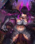  ayaki_blade claws crossover gore_magala grin hair_over_one_eye han_juri highres impossible_hair jumping logo monster_hunter_(series) parody scales smile street_fighter wings 