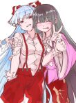  2girls baggy_pants black_hair blush bow breasts closed_eyes cowboy_shot disgust facing_viewer fujiwara_no_mokou hair_bow hand_in_pocket hands_up highres hime_cut houraisan_kaguya long_hair long_sleeves looking_at_another multiple_girls ofuda ofuda_on_clothes open_mouth pants pink_shirt red_bow red_eyes red_pants red_skirt shinmon_akika shirt sidelocks skirt suspenders teeth tongue tongue_out torn_clothes torn_sleeves touhou two-tone_bow v very_long_hair white_background white_bow white_hair white_shirt wide_sleeves 