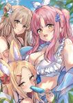  3girls animal_ear_fluff animal_ears bikini blonde_hair blue_archive blush breasts cleavage closed_mouth day extra_ears flower food fox_ears hair_flower hair_ornament halo holding holding_food karappo_(poket12) large_breasts light_brown_hair long_hair looking_at_viewer mika_(blue_archive) multiple_girls nagisa_(blue_archive) open_mouth outdoors pink_hair popsicle purple_flower seia_(blue_archive) smile swimsuit tea_party_(blue_archive) white_bikini white_flower yellow_eyes 