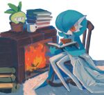  alternate_color blue_hair bob_cut book book_stack butter_(oshi8kyoumoh) chair coffee_mug colored_skin cup dress fireplace gardevoir hair_over_one_eye holding holding_book mug multicolored_skin on_chair orange_eyes petilil pokemon pokemon_(creature) shiny_pokemon two-tone_skin white_background white_dress white_skin 