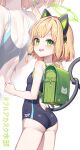  1girl animal_ear_headphones animal_ears ass backpack bag bare_arms bare_legs bare_shoulders black_one-piece_swimsuit blonde_hair blue_archive blush bow breasts cat_ear_headphones cat_ears cat_tail cowboy_shot fake_animal_ears fang from_behind green_bow green_eyes green_halo hair_bow halo headphones highres looking_at_viewer looking_back midori_(blue_archive) mono_(mono_mon) one-piece_swimsuit open_mouth randoseru school_swimsuit short_hair simple_background small_breasts smile solo swimsuit tail white_background zoom_layer 