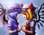  ascot bat_wings blonde_hair blue_background brooch eye_contact fang flandre_scarlet hat head_to_head highres holding_hands interlocked_fingers jewelry kannazuki_(devilcode666) lavender_hair light_smile looking_at_another mob_cap multiple_girls open_mouth profile puffy_short_sleeves puffy_sleeves red_eyes remilia_scarlet short_hair short_sleeves siblings side_ponytail simple_background sisters touhou vest wings wrist_cuffs 