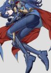  1girl ameno_(a_meno0) armor armored_boots belt blue_cape blue_eyes blue_footwear blue_gloves blue_hair boots brand_of_the_exalt breastplate brown_belt cape fire_emblem fire_emblem_awakening fire_emblem_heroes gauntlets gloves gold_trim hair_between_eyes long_hair looking_at_viewer lucina_(fire_emblem) lucina_(glorious_archer)_(fire_emblem) lying official_alternate_costume on_side parted_lips pauldrons red_cape shoulder_armor solo symbol_in_eye tiara two-tone_cape 