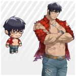  1boy abs absurdres bara bare_pectorals belt bespectacled bulge character_request chibi cowboy_shot crossed_arms denim earrings ero_condo frown glasses highres jeans jewelry kienbiu large_pectorals long_sideburns looking_at_viewer male_focus muscular muscular_male navel necklace nipples official_alternate_costume paid_reward_available pants pectorals short_hair sideburns simple_background solo sparse_stubble standing stomach thick_thighs thighs tooth_necklace torn_clothes torn_sleeves 