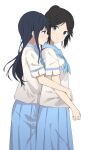  2girls absurdres black_hair blue_eyes blue_hair blue_neckerchief blue_sailor_collar blue_skirt blush closed_mouth commentary_request cowboy_shot hibike!_euphonium highres hug hug_from_behind kasaki_nozomi kitauji_high_school_uniform liz_to_aoi_tori long_hair looking_at_another multiple_girls neckerchief pleated_skirt ponytail red_eyes sailor_collar school_uniform serafuku shirt short_sleeves simple_background skirt soha_(sirohase) white_background white_shirt yoroizuka_mizore yuri 