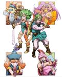  3boys 4girls alena_(dq4) backpack bag blue_hair blue_hat blue_leotard boots brown_footwear claw_(weapon) closed_mouth coin commentary_request dark-skinned_female dark_skin dracky dragon_quest dragon_quest_iv everyone facial_hair green_hair hat helmet hero_(dq4) heroine_(dq4) highres holding holding_coin holding_sword holding_weapon iwamoto_tatsurou leotard long_hair manya_(dq4) minea_(dq4) multiple_boys multiple_girls mustache navel one_eye_closed orange_eyes orange_hair purple_eyes purple_hair ryan_(dq4) simple_background slime_(dragon_quest) smile sword teeth tiara torneko v-shaped_eyebrows weapon white_background winged_helmet witch_hat 