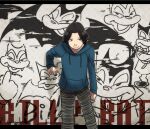  1013hpa 1boy billy_bat black_border black_hair black_pants blue_hoodie blue_sweater border clenched_hands commentary_request copyright_name feet_out_of_frame graffiti grey_background hood hood_down hooded_sweater hoodie looking_to_the_side male_focus outside_border pants parted_bangs solo standing sweater timmy_charles_sanada 