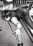  1boy absurdres ball billiard_ball billiards black_hair closed_mouth cue_stick facial_mark glasses highres indoors long_sleeves mashle monochrome orter_madl short_hair sinnyforze solo vest 