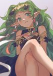  1girl absurdly_long_hair arm_support armpit_crease blue_bow blue_dress blunt_bangs blurry_edges bow braid cleavage_cutout closed_mouth clothing_cutout commentary crossed_legs dress feet_out_of_frame fire_emblem fire_emblem:_three_houses flat_chest gold_bow gold_trim green_eyes green_hair hair_ornament headpiece highres jabeko light_blush lips long_hair pointy_ears red_ribbon ribbon side_braids simple_background sitting solo sothis_(fire_emblem) tassel tassel_hair_ornament very_long_hair white_background white_ribbon 