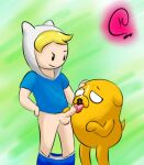 adventure_time balls blonde_hair bodily_fluids canid canine canis cartoon_network clothing cum cum_in_mouth cum_inside cum_on_face domestic_dog duo finn_the_human fur genital_fluids genitals hair human jake_the_dog kakau221 licking male male/male mammal oral penile penis penis_lick sex shirt tongue topwear yellow_body yellow_fur