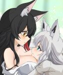  ahoge animal_ear_fluff animal_ears bare_shoulders black_hair blue_eyes blush braid breast_pillow breasts brown_eyes cleavage cuddling eye_contact face-to-face face_to_breasts fox_ears fox_girl grey_hair head_on_chest hololive hug kagami_yoshino long_hair looking_at_another multicolored_hair off_shoulder ookami_mio shirakami_fubuki shirt smile streaked_hair upper_body virtual_youtuber white_shirt wolf_ears wolf_girl yuri 