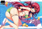  1girl :d absurdres ahoge ass bare_shoulders bikini blue_eyes blush breasts dengeki_moeou fish flower flower_bracelet hair_flower hair_ornament hair_ribbon highres huge_filesize long_hair open_mouth polka_dot polka_dot_bikini polka_dot_swimsuit red_hair ribbon sandals scan side-tie_bikini sideboob smile solo strap_gap string_bikini swimsuit thigh_ribbon tomose_shunsaku towel trefoil two_side_up underboob untied water wristband 