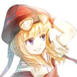  1girl blonde_hair blue_eyes eiyuu_densetsu ffuald1013 floating_hair goggles goggles_on_head hat highres ibispaint_(medium) portrait sidelocks simple_background sleeves_rolled_up smile solo sora_no_kiseki tita_russell white_background 