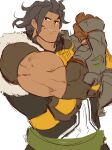 1boy bara biceps brown_eyes brown_hair dark_skin dragalia_lost flexing hand_on_own_hip hashtag_only_commentary highres looking_at_viewer male_focus muscular muscular_male piikeisandaa ranzal_(dragalia_lost) smile white_background 