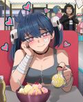  2boys 2girls artist_self-insert black_nails blue_hair bowl breasts cherry choker cleavage closed_mouth diner earrings english_text food fruit grey_sports_bra hair_ornament hatsune_miku heart heart-shaped_pupils highres ice_cream indoors jewelry ji-yoon_(jourd4n) jourd4n looking_at_viewer medium_hair multiple_boys multiple_girls mustard original pov red_eyes sitting skull_hair_ornament smile sports_bra symbol-shaped_pupils twintails upper_body vocaloid x_arms 