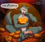 anthro beastars bodily_fluids canid canine canis dialogue dripping english_text feet food foreskin fruit genital_fluids genitals halloween halloween_theme heart_symbol hi_res hindpaw holidays humanoid_feet humanoid_genitalia humanoid_penis jack-o&#039;-lantern leaking_precum legoshi_(beastars) long_foreskin male mammal markedium nude paws penis plant plantigrade precum precum_drip pumpkin saliva saliva_string sitting soles solo speech_bubble text tongue tongue_out unretracted_foreskin vein veiny_foreskin veiny_penis wolf
