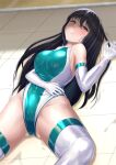  arm_across_waist ass_visible_through_thighs black_hair blush breasts brown_eyes closed_mouth commentary_request competition_swimsuit covered_navel elbow_gloves garoo_hoshi gloves green_one-piece_swimsuit green_trim groin hair_between_eyes highleg highleg_swimsuit highres large_breasts long_hair looking_at_viewer lying on_back one-piece_swimsuit original swimsuit thighhighs thighs two-tone_swimsuit wet white_gloves white_one-piece_swimsuit white_thighhighs 
