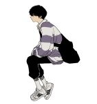  1boy bag_behind_back black_bag black_hair black_pants closed_mouth collared_shirt cross-laced_bag expressionless from_side full_body highres leaning_forward long_sleeves male_focus mole mole_on_cheek muryo orange_eyes original pants purple_shirt shirt short_hair simple_background sitting socks solo striped_clothes striped_shirt sweatpants white_sneakers white_socks 