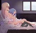  2girls alarm_clock bare_arms bare_legs black_pantyhose blue_hair bottomless brown_hair camisole clock closed_eyes commentary eila_ilmatar_juutilainen hand_in_another&#039;s_hair indoors licking licking_breast long_hair lying medium_hair multiple_girls off_shoulder on_bed on_stomach pantyhose pantyhose_around_one_leg pillow sanya_v._litvyak sitting soha_(sirohase) strap_slip strike_witches:_aurora_no_majo tongue tongue_out white_camisole window yuri 