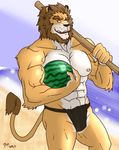  abs anthro beach biceps big_muscles brown_fur brown_hair canine feline fundoshi fur hair hentist lion male mammal muscles pecs pose sea seaside shishimaru_genjurou solo swimsuit underwear vein water 