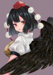  1girl absurdres bird_wings black_hair black_wings closed_mouth collared_shirt cropped_torso eyelashes feathered_wings hat highres leaf_print looking_at_viewer looking_back pom_pom_(clothes) puffy_short_sleeves puffy_sleeves purple_background red_eyes red_hat shameimaru_aya shirt short_sleeves solo tokin_hat touhou white_shirt wings 
