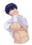  1boy blue_hair clothes_lift guilty_challenge_(meme) hair_between_eyes highres kirene88 male_focus meme midriff muscular muscular_male navel plave purple_eyes shirt shirt_lift short_hair solo stomach white_background white_shirt yejun_(plave) 